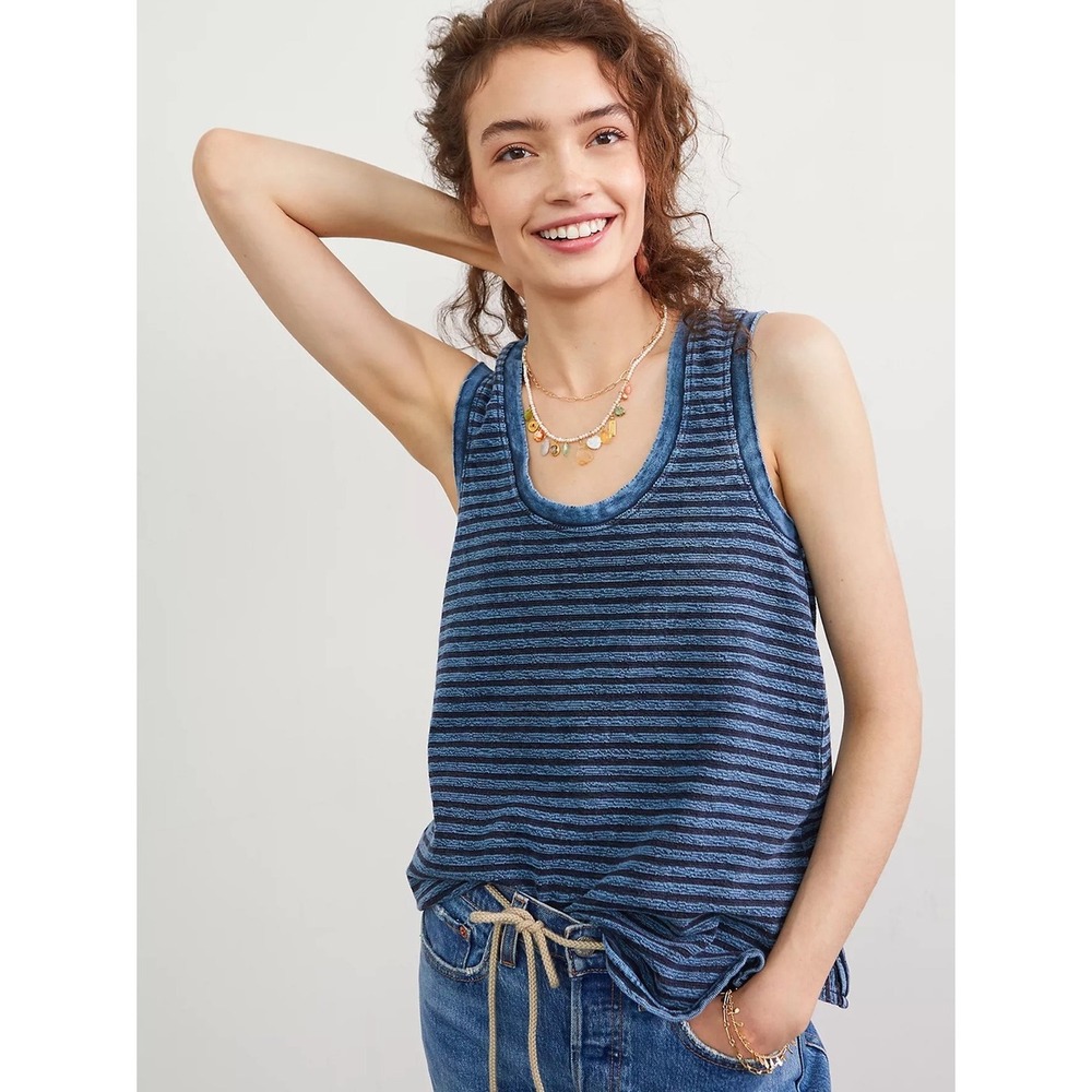 Anthropologie Pilcro Navy Striped Raw Edge Scoop Neck Tank Top Size S Clean Girl